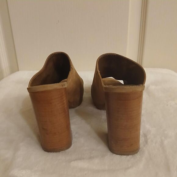 Frye Karissa Mule Camel Tan Suede Wood Chunky Block Heel Size 8.5 Boho - Picture 5 of 7